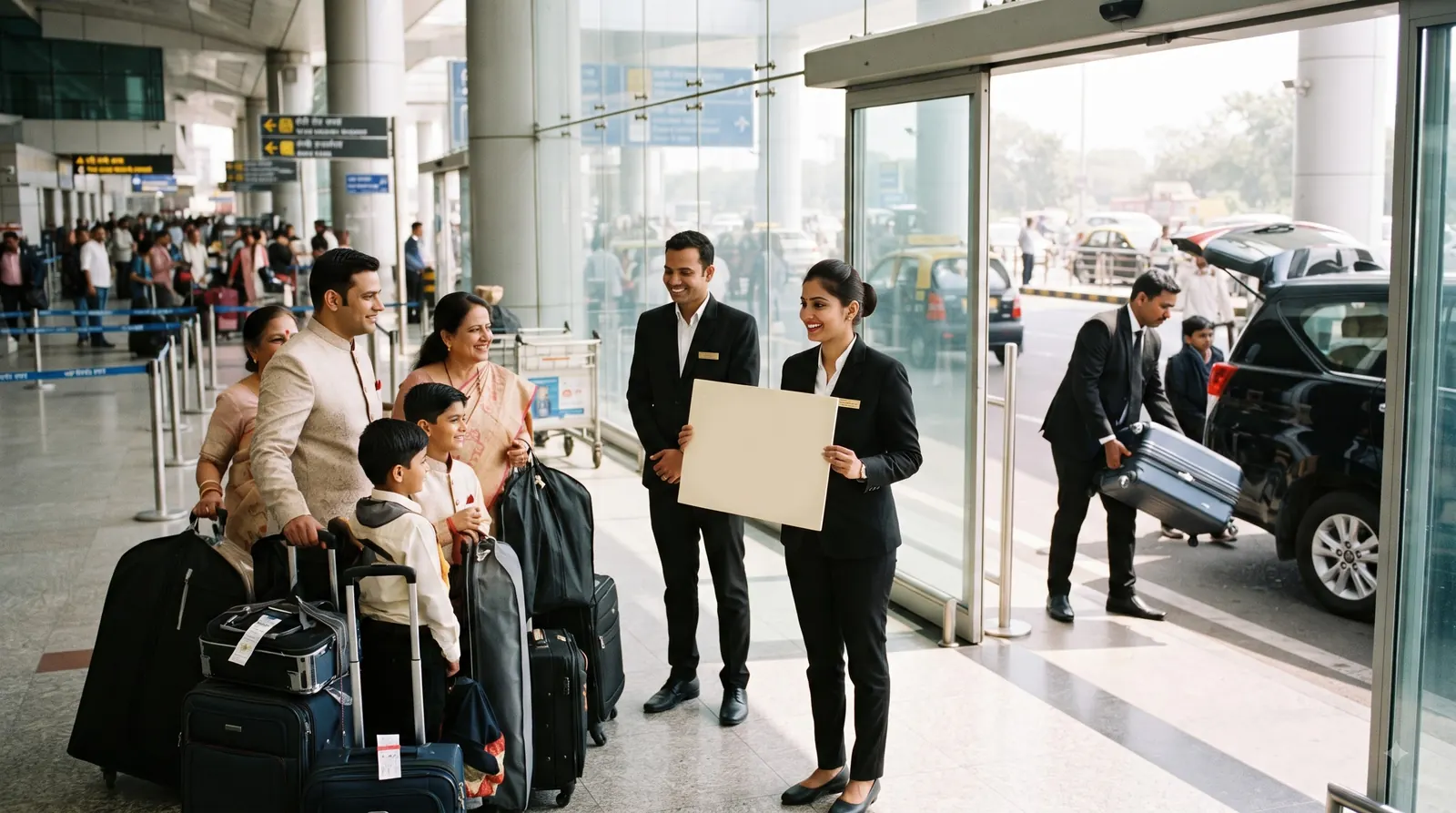 Hospitality staff welcoming a family of wedding guests at the airport