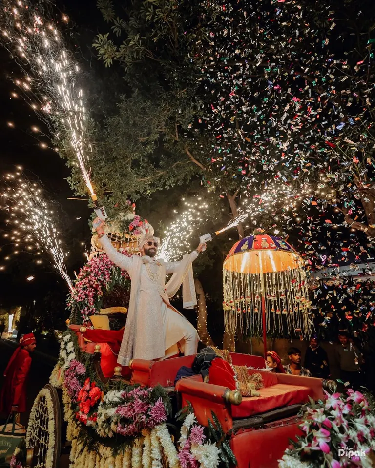 Baraat arrival with cold pyrotechnics at a wedding